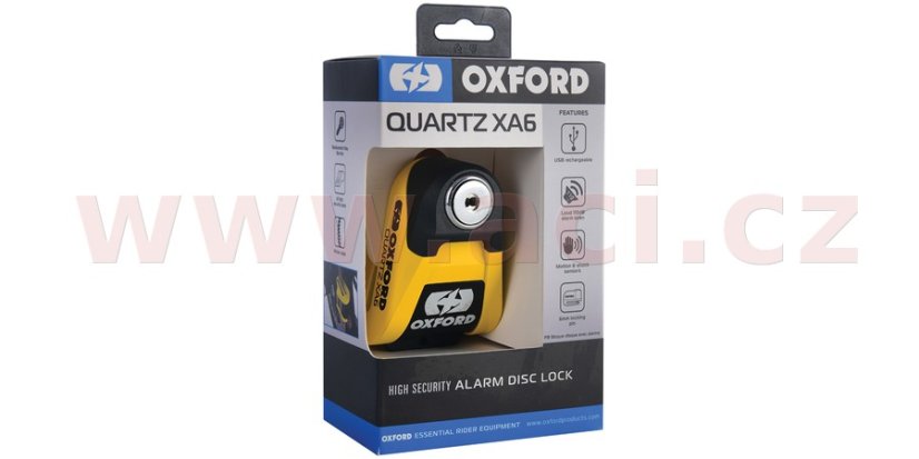 zámek kotoučové brzdy Quartz Alarm XA6, OXFORD - Anglie (integrovaný alarm, žlutý/černý, průměr čepu 6 mm)