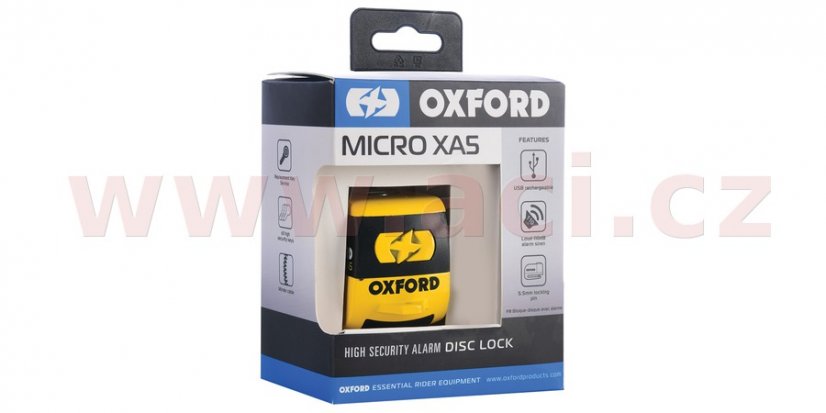 zámek kotoučové brzdy Micro XA5, OXFORD (integrovaný alarm, žlutý/černý, průměr čepu 5,5 mm)